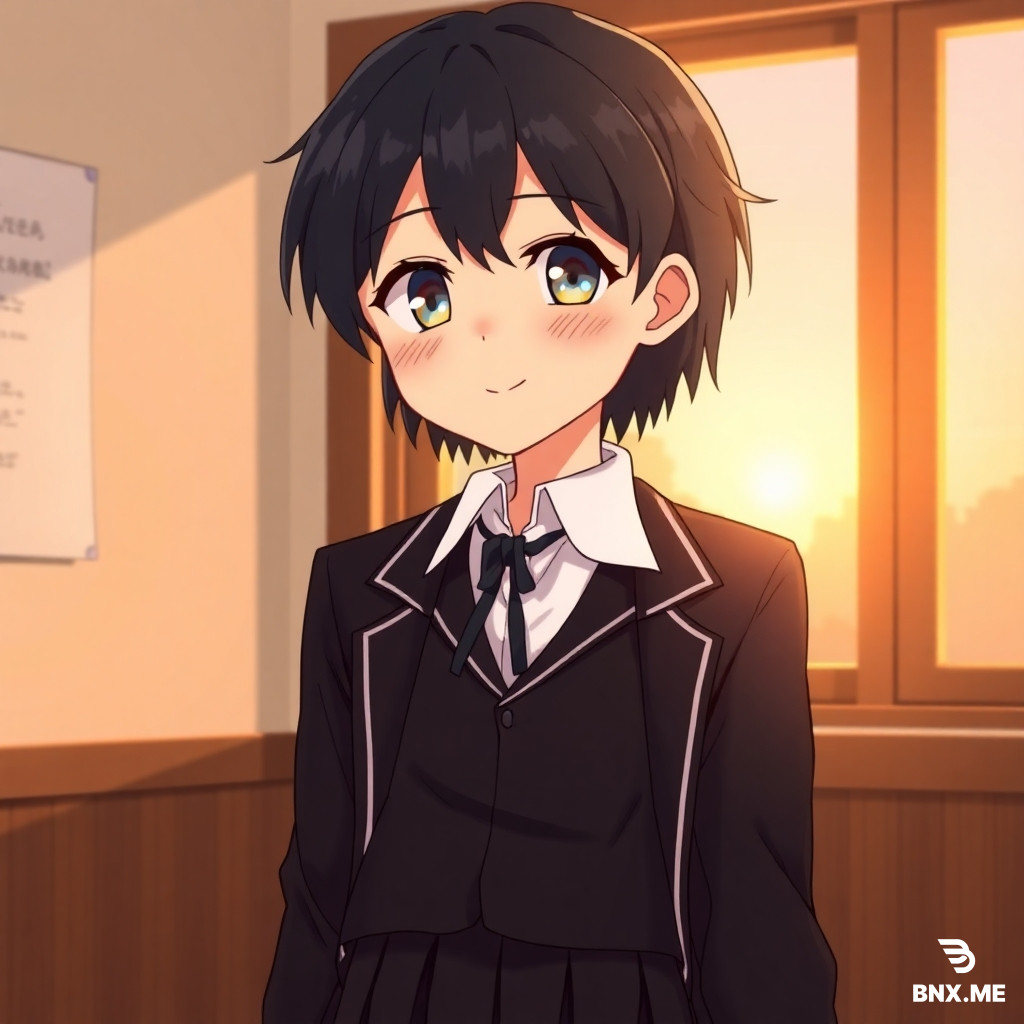 Androgynous anime boy with soft delicate face and short dark hair, wearing a stylish Japanese school uniform with a dark pleated skirt, slightly unbuttoned white shirt, loose ribbon tie, blazer slipping slightly off one shoulder. Gentle confident smile, expressive eyes, soft blush. Standing near classroom window with warm sunset light. Slightly playful and charming atmosphere, high quality anime illustration, detailed, clean lineart, vibrant colors.