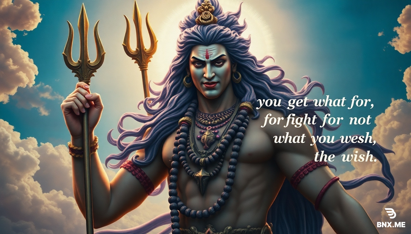 Fierce Lord Shiva depicted in a Renaissance-style fresco painting, powerful sculptural anatomy, intense divine expression, flowing hair and sacred ornaments, celestial background with soft clouds and divine light, dramatic chiaroscuro, pastel color palette of soft blues, violets, ash tones, and warm creams. The quote “You get what you fight for, not what you wish” subtly integrated in elegant classical lettering, fine art, high detail, spiritual intensity.