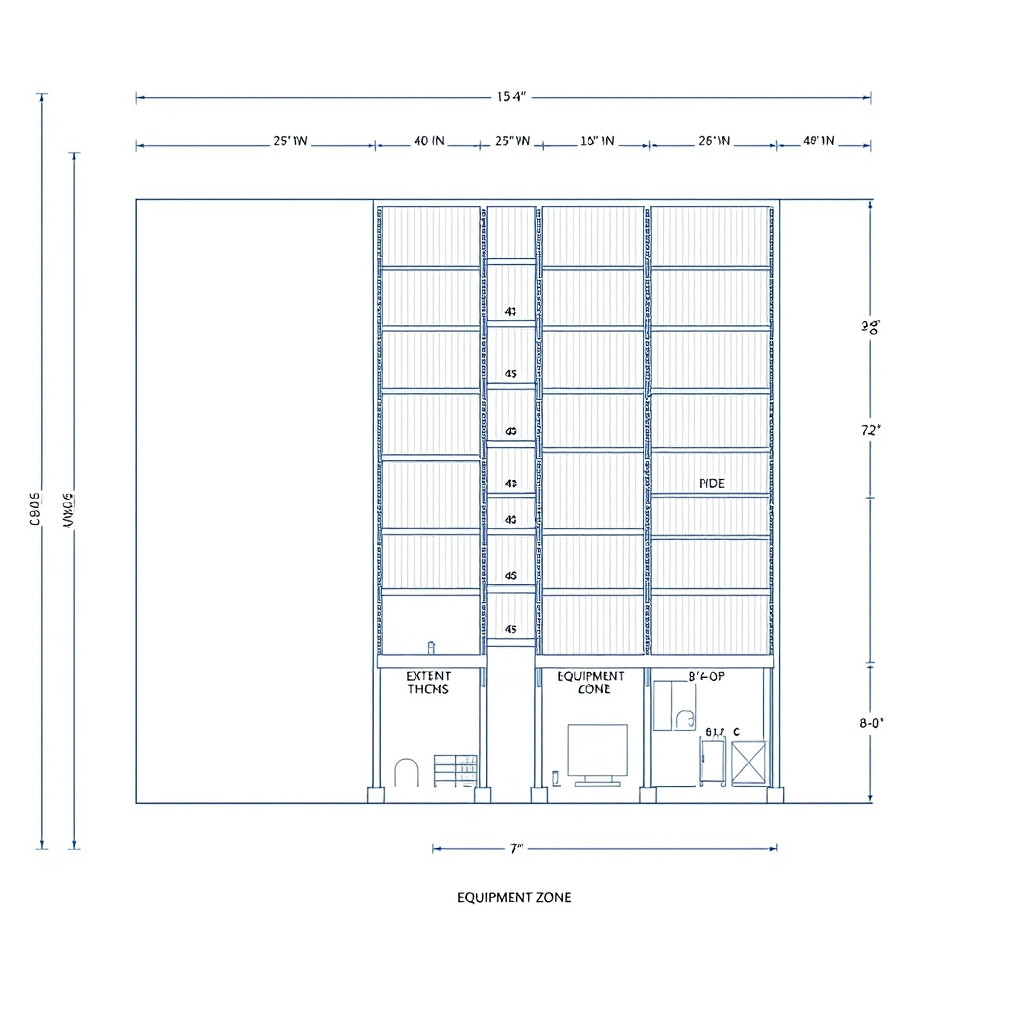 TECHNICAL ARCHITECTURAL BLUEPRINT DRAWING, CAD-style scaled floor plan and partial cross-section of a commercial oyster mushroom fruiting room. White background with crisp dark blue or black engineering lines, dimension strings, and architectural callouts. Professional structural engineering schematic.  DIMENSIONED FLOOR PLAN (25 feet wide by 40 feet long): - Overall exterior building dimensions clearly labeled: 25'-0" WIDTH and 40'-0" LENGTH. - Interior wall thickness: 60mm (6-inch) PIR/PUF panels labeled "INSULATED WALL". - 7 parallel rack rows running vertically. Each row labeled: 23'-0" LONG x 4'-0" WIDE (with 2'-0" shelf depth per side). - 8 aisles between rows, each exactly 1'-0" WIDE, labeled clearly with dimension lines. - Side wall clearances: 2'-0" on left and right sides. - Bottom end (far end): EQUIPMENT ZONE measuring 8'-0" x 12'-0", subdivided into labeled boxes for: "AHU / CHILLER (6-8 TR)", "ELECTRICAL PANEL (VFD/PLC)", "WATER TANK & SOFTENER", and "HUMIDIFIER (2-5 kg/h)". - Doors: "PERSONNEL DOOR (3'-0")" and "MATERIAL DOOR (5'-0")" at the bottom end. - Drainage channels shown as dashed lines along both long walls with 2% slope arrows.  INSET DETAIL: TOP-DOWN ZOOM of a single rack tier showing 23 cylindrical substrate bags per side at 1'-0" center-to-center spacing, labeled "10" BAGS @ 1'-0" O.C.".  PARTIAL CROSS-SECTION (Side cutaway view) included on the right side showing vertical height dimensions: - Total clear height: 14'-0". - Floor base riser: 0'-6". - 6 growing tiers: each at 2'-0" vertical pitch, labeled "TIER 1" through "TIER 6". - Ceiling plenum: 1'-6" clearance. - Wall panels: 60mm thick.  LEGEND BOX included with standard architectural symbols for: Supply Air Diffuser (circle with cross), Return Air Grille (dashed rectangle), Vaisala GMW90 Sensor (square with dot), LED Light Fixture (parallel lines), and DP Sensor (triangle).  STYLE: Pristine architectural engineering CAD drawing, 8K resolution, ultra-detailed, precise geometric linework, white background, blue/black technical lines, no shading, just crisp blueprint-quality line art suitable for construction permitting.