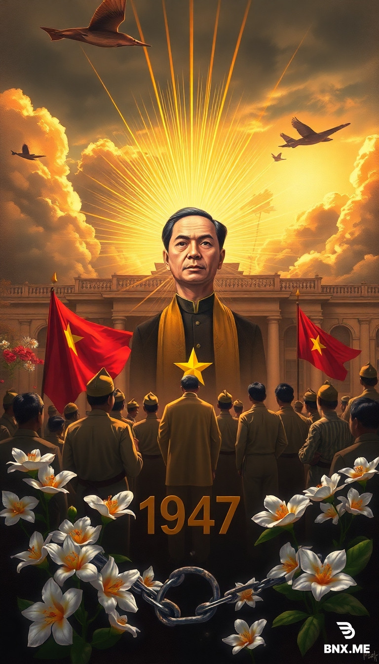 "A solemn and respectful painting commemorating Myanmar's Martyr's Day (19 July). The scene depicts the historic moment of the assassination of General Aung San and his cabinet colleagues in 1947. The composition focuses on a symbolic representation: a portrait of Bogyoke Aung San in the center, surrounded by rays of golden light, with the Burmese flag and a group of grieving yet determined citizens in traditional attire. In the background, the secretariat building (Minister's Office) is shown under a dramatic sky – partly dark clouds for tragedy, partly sunrise for hope and sacrifice. Include elements like white flowers (especially orchids and jasmine), a broken chain symbolizing freedom, and the year '1947' subtly integrated. Style: oil painting, realistic with a touch of heroic idealism, warm earth tones mixed with somber shadows. No violence or blood, only dignified mourning and patriotic resolve. The mood should evoke gratitude, national pride, and a promise to uphold their legacy."