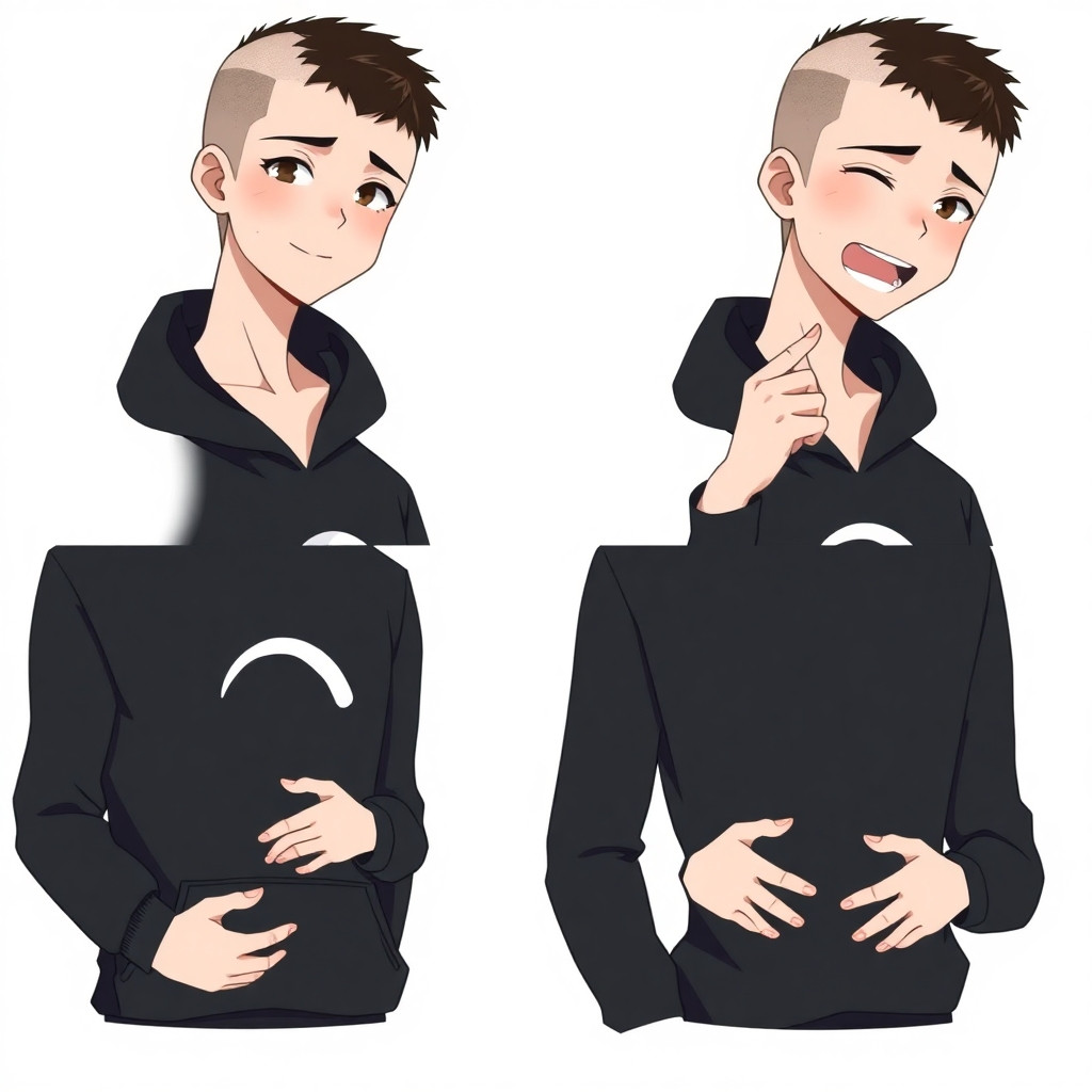 Anime style, moderate, not exaggerated. A 20-year-old young man with a buzz cut (almost bald, very short dark hair, scalp visible). Wearing a black hoodie with a simple white print (e.g. a moon or geometric shape). White background.  The image is divided into 4 equal parts by thin black lines (2x2 grid). Same character from chest up in each part, but different emotions and hand poses:  Top left: calm expression with a gentle smile, relaxed eyes, arms crossed on chest. Top right: laughing hard (wide open mouth, squinted eyes), one hand on stomach, other hand raised in a "stop" gesture. Bottom left: angry (furrowed brows, tight lips), clenched fists raised in front of chest. Bottom right: upset (downturned mouth, sad eyes), arms hanging loosely, shoulders slightly slouched.  Clean lineart, flat cell shading, plain white background, no shadows, no text. 4-in-1 composite image.