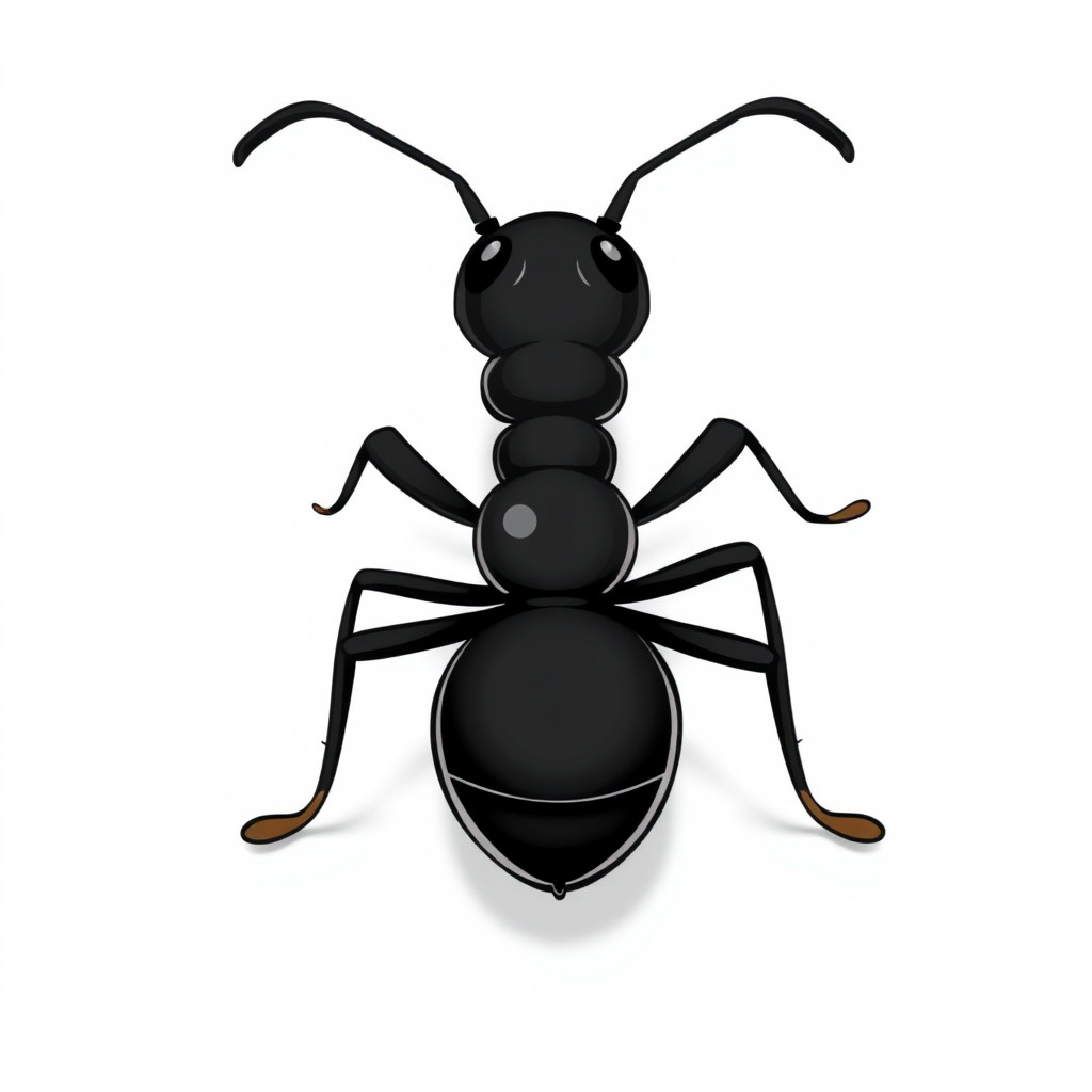A black cartoon ant from behind and from the front. The image should be from above. The ant should be simple but detailed.