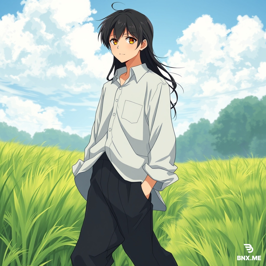 young male with long black hair and golden eyes, wide hips and very feminine appearance, short, and fairly young looking, wearing a loosfitting shirt and long pants while walking through a field in an anime style