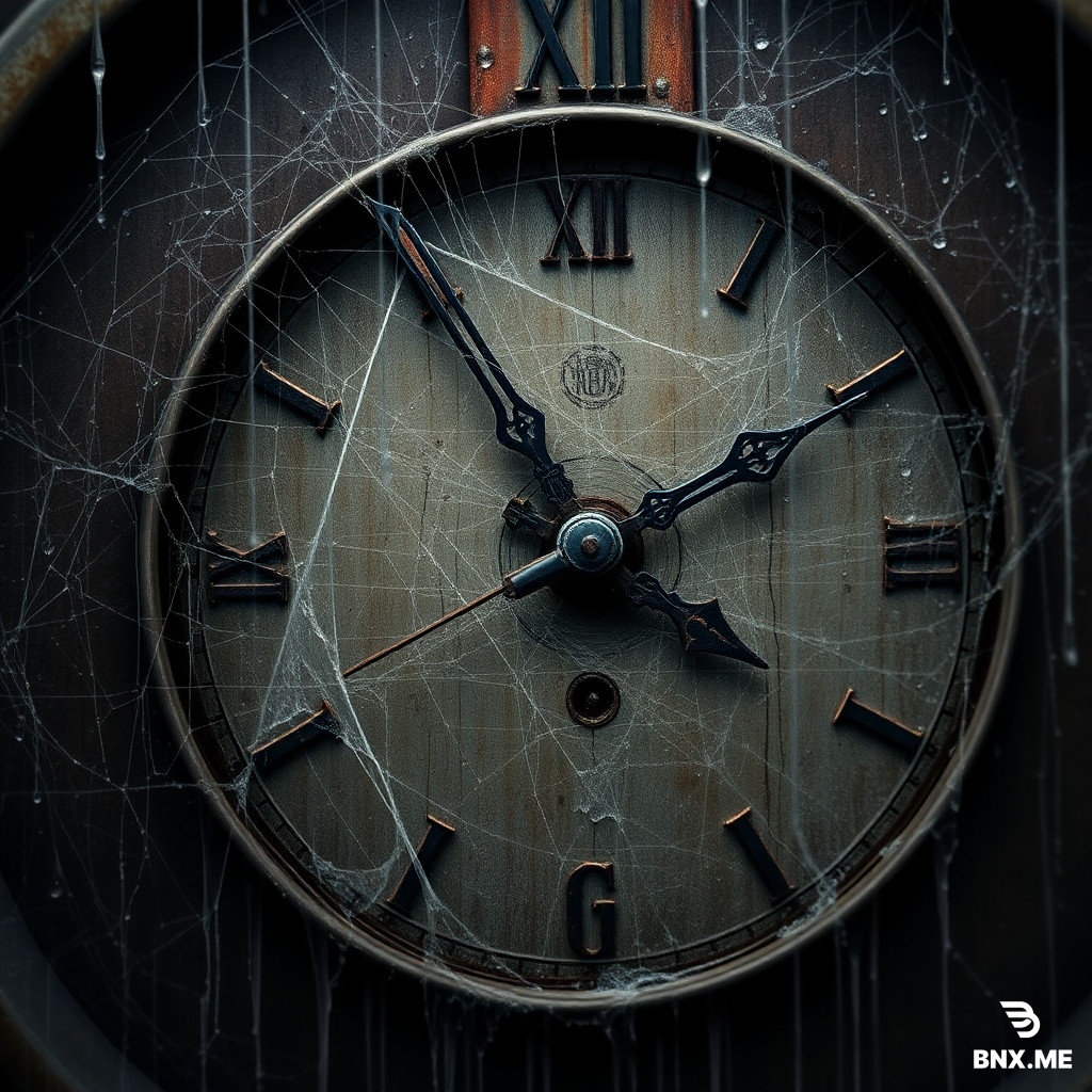 Extreme close-up of an old antique wall clock, the hands are frozen and rusty, spider webs covering the clock, rain drops falling on the clock face, dark grey atmosphere, representing time standing still, anime style.
