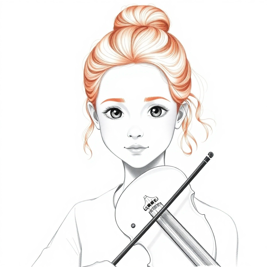 A 14-year-old girl with light reddish-brown wavy hair tied in a neat, strict bun on top of her head. Very narrow, elongated face with a round chin. High forehead. Small, narrow green-hazel eyes. Pear-shaped body type, 160 cm tall. Playing the violin. Full-body pencil sketch style, soft shading, realistic portrait drawing, fine lines, detailed graphite art, monochrome pencil illustration.