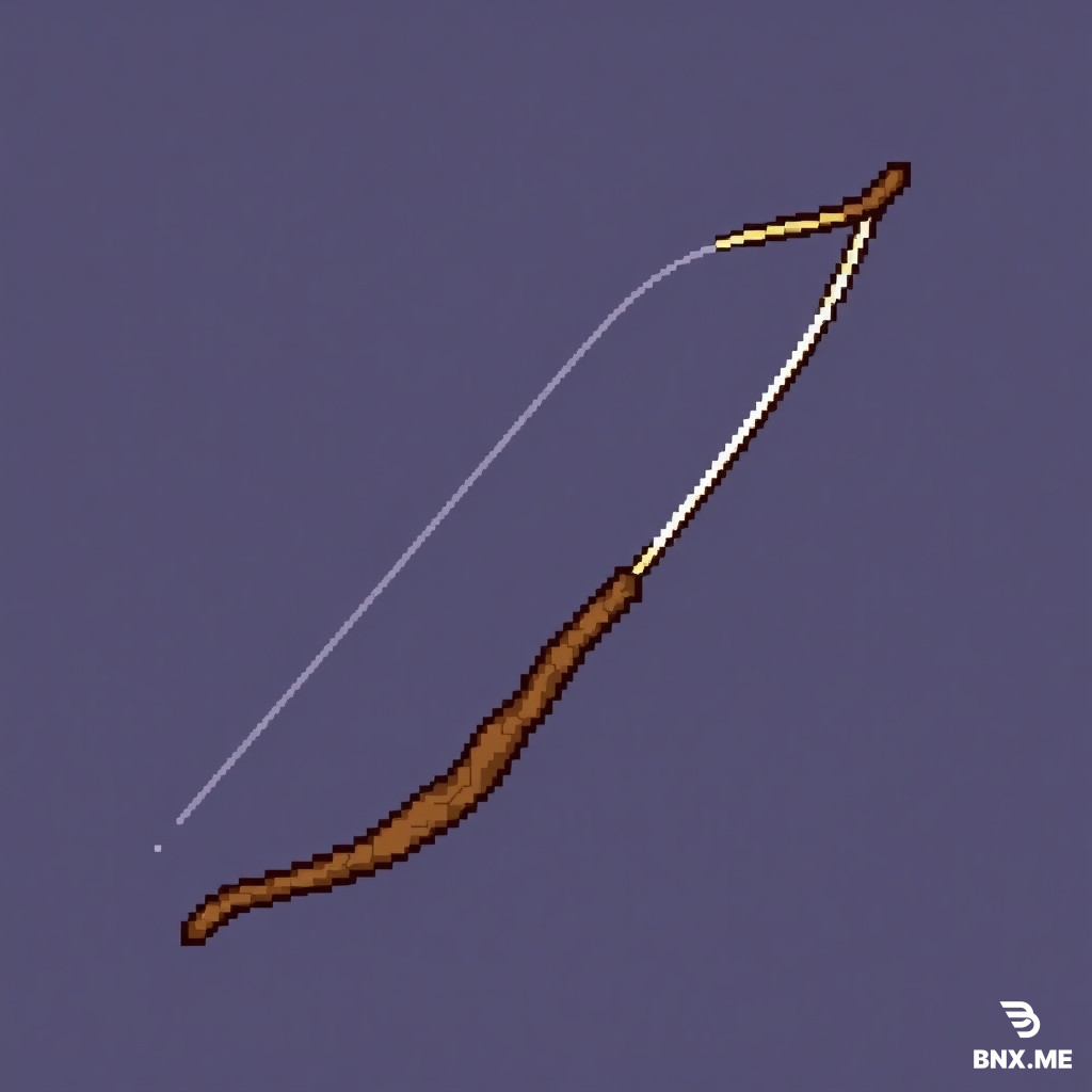 Hunting Bow: *"8-bit NES pixel art, 16x16 pixels, a simple curved brown wooden bow with a white bowstring. Side view. Palette: brown, white, black. Transparent. Simple crescent shape."*