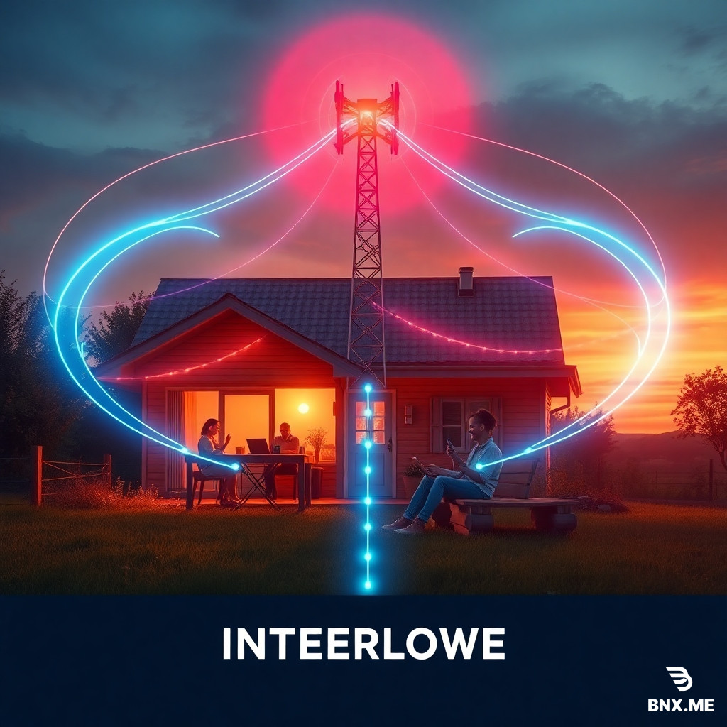 Internet service provider advertisement, cozy countryside home with invisible fast broadband reaching a family working and streaming happily, glowing blue and red connection lines from a central tower, warm sunset tones blended with modern red-blue tech accents, professional layout with space for company name and offer text, photo-realistic, 4k, friendly and trustworthy tone