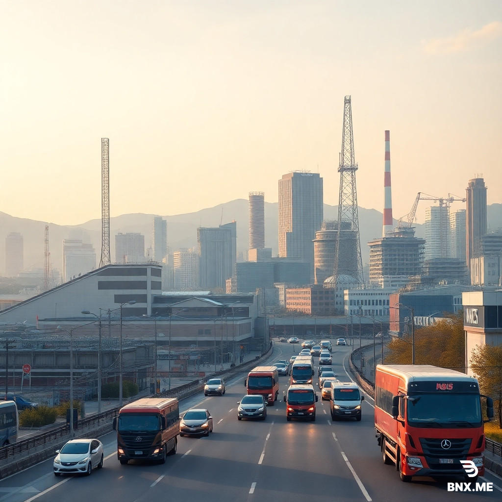 create image showing a Korean city skyline with modern factories and transport trucks moving cars, hyper detailed, ghibli studio style.