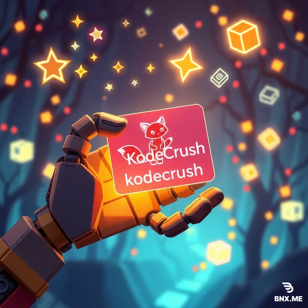 A whimsical, symbolic illustration featuring a robotic hand made of colorful Lego pieces gently holding a “KodeCrush” learning card glowing with soft neon light. On the card, a tiny digital creature shaped like a fox made of pixels and code symbols represents creativity and curiosity. Around the hand float mini holograms of stars, circuit lines, and puzzles, all softly merging into a dreamlike, child-friendly atmosphere. The background depicts a fantasy digital forest made of glowing cubes and binary fireflies, symbolizing a world where imagination meets coding. The overall tone is warm, emotional, and cinematic, with gentle light flares and soft reflections evoking discovery, play, and futuristic wonder. Rendered in a collage-inspired style with real textures — paper edges, soft shadows, and tactile surfaces — blending modern tech aesthetics with a storybook feeling. Include the text “KodeCrush” subtly integrated on the glowing card or background element.