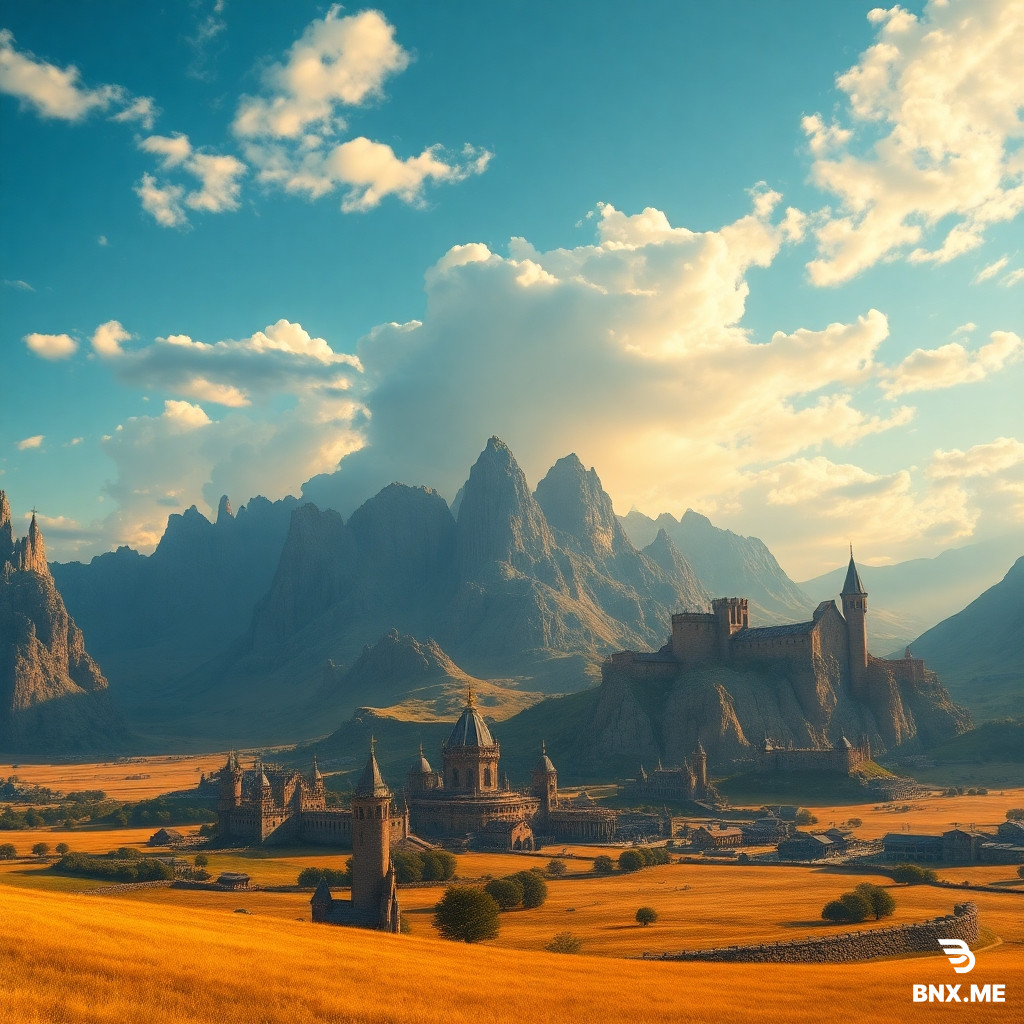 Epic fantasy landscape, before the meteorite. Golden plains, majestic human cities with white towers, dwarven mountain citadels carved into cliffs, harmonious world, peaceful atmosphere, bright blue sky with soft clouds, cinematic wide shot, hyperrealistic, 8k, fantasy art, golden hour lighting, in the style of John Howe and Alan Lee --ar 16:9