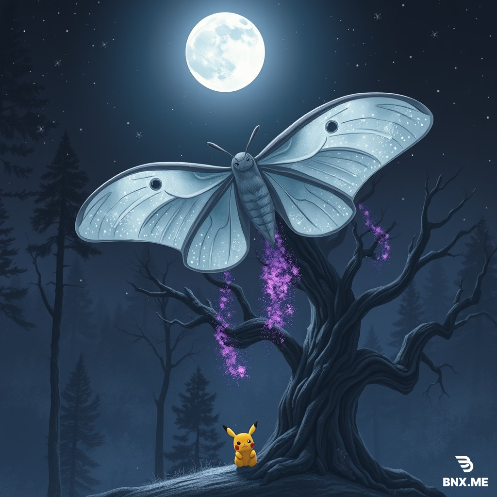 Moonmoth hovers silently above a moonlit forest. Its enormous silver wings shimmer with tiny stars, while pale purple dust drifts from them like glowing snow. Below, a curious Pikachu watches from behind an ancient tree as the full moon illuminates the entire scene.