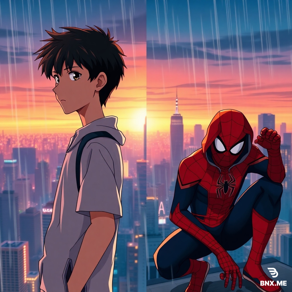 Anime and comic book crossover digital art. On the left, Shoya Ishida from A Silent Voice in his high school outfit, looking forward with a calm, thoughtful expression. On the right, Miles Morales as Spider-Man (hoodie and mask half off, showing his face), crouching dynamically. Background is a sunset over a neon-lit Tokyo–New York hybrid city skyline. Soft rain and glowing window lights. Split composition but connected by warm orange-blue gradient. Phone wallpaper aspect ratio 9:16, high detail, emotional and cinematic.