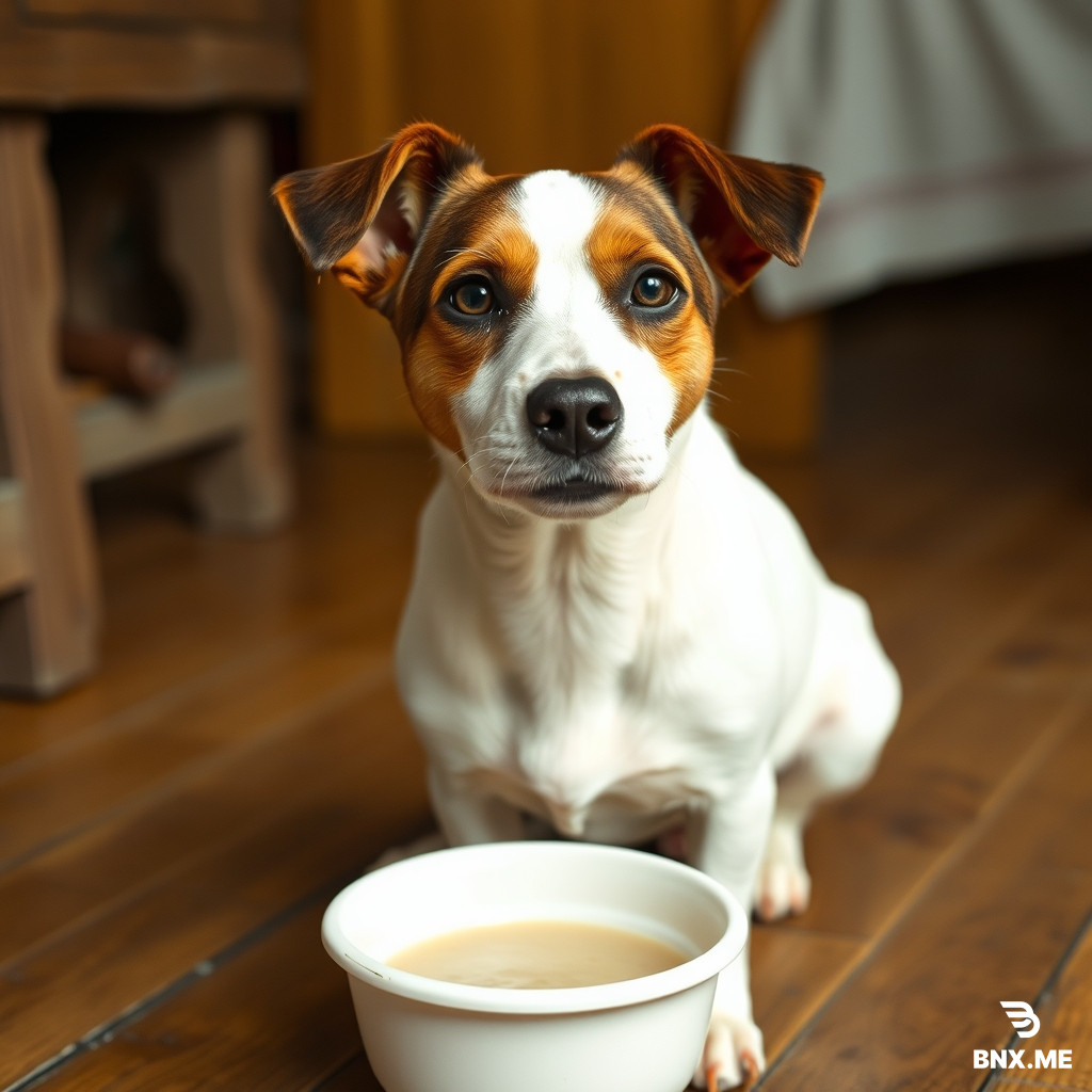 Jack Russell Terrier sitting in front of an empty porridge bowl on a wooden floor, 1880s rural Minnesota kitchen. White body, brown ears that fold over at the tips, brown patches over both eyes with white fur between them. Realistic dog, no humans.