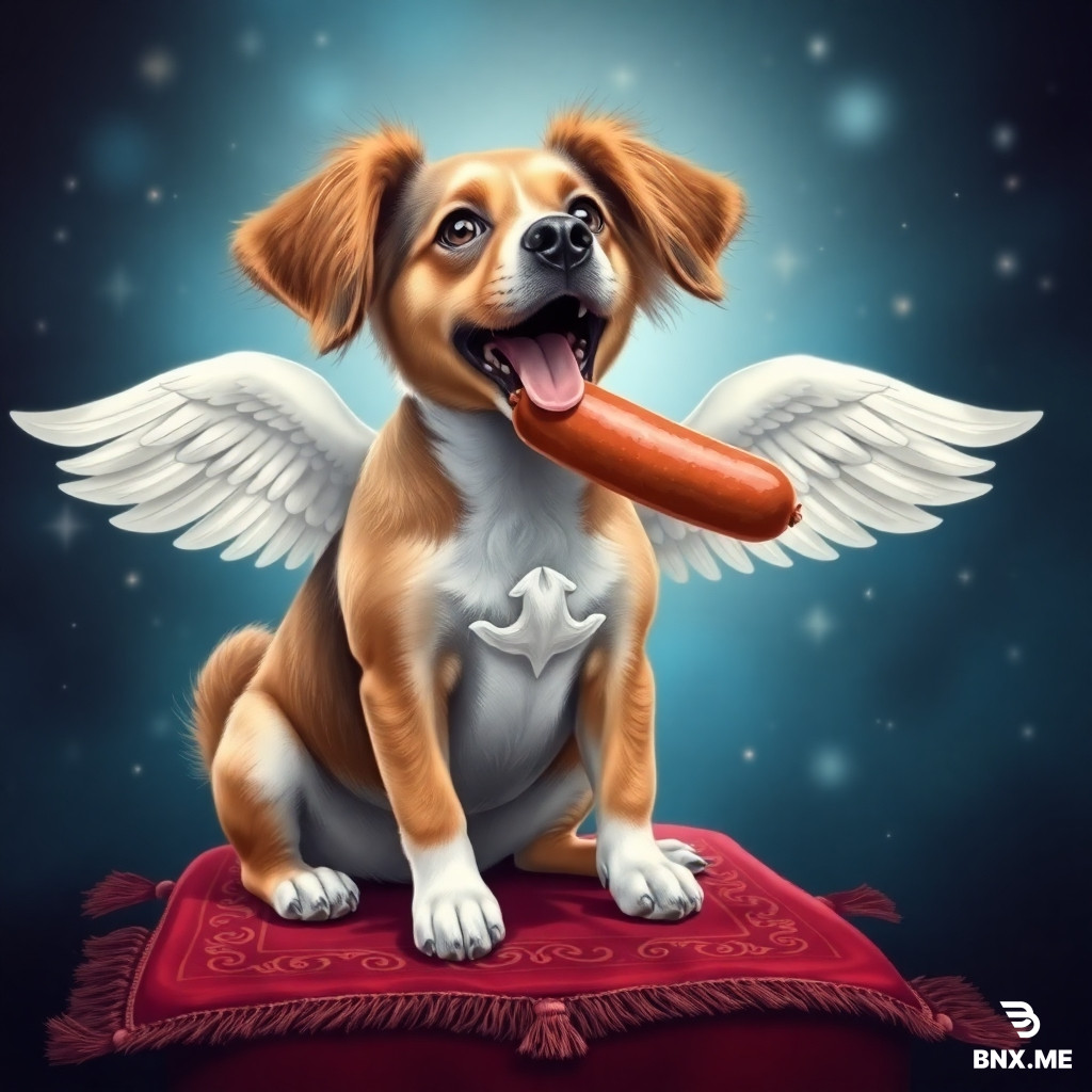 dog with wings on a magic carpet eating a sausage