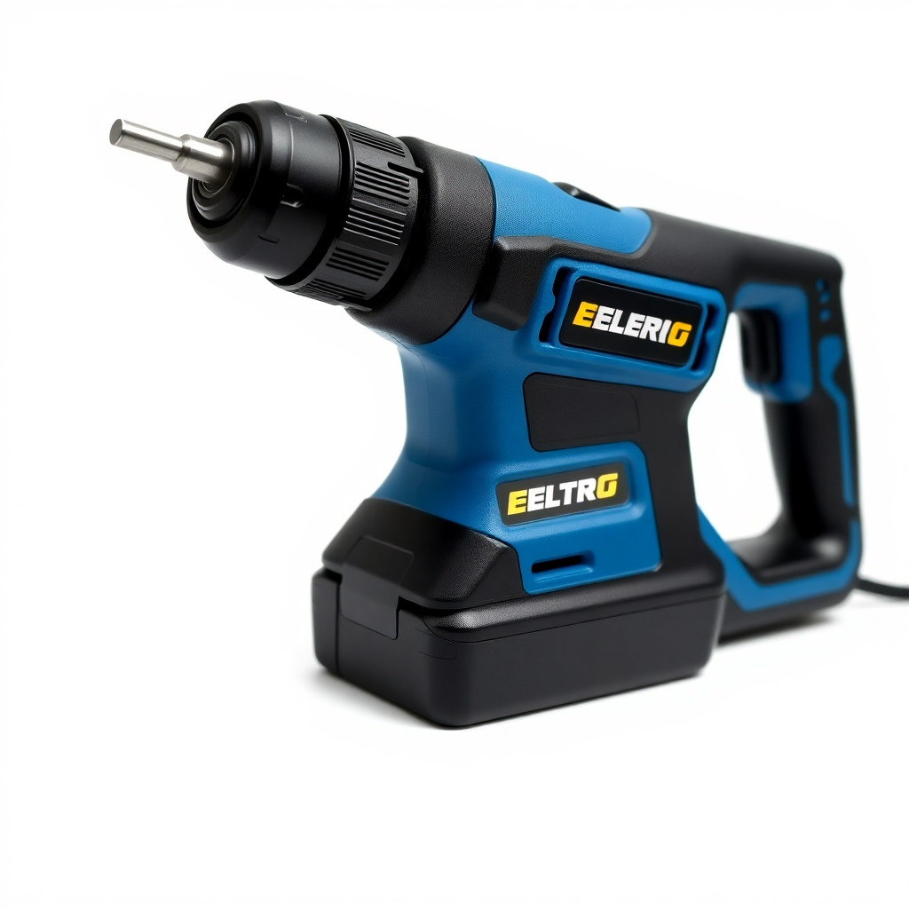 Professional product photography of a cordless screwdriver, blue and black color scheme, with a prominent sticker that reads "ELECTRO" on the body, studio lighting, isolated on a clean white background, high detail, sharp focus, commercial catalog style, 8K resolution, no shadows