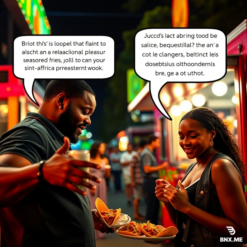 Cinematic photorealistic capture, candid shot, shallow depth of field. At a vibrant nighttime Cinco de Mayo street festival, a man is animatedly giving his friend "the 1,000-yard stare" while gesturing toward a taco truck with one hand and his friend's non-Black girlfriend, who is obliviously ordering, with the other. The speech bubble reads: "Brother, this ain't a relationship; this is a transactional pleasure contract with seasoned fries! Does your long-term Pan-African economic plan involve a quesadilla? No, it does not!" The girlfriend is smiling and smelling the food, completely unaware, while the friend looks down at his tacos, deep in thought, crushed by a cultural verdict delivered over hot sauce.