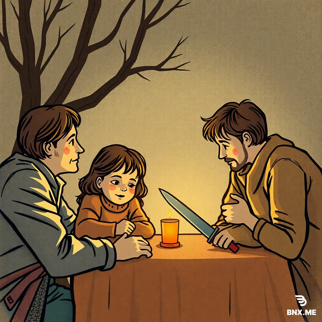 Généré moi une image d'une famille plein et une drame arrive un tuer vient avec un couteau