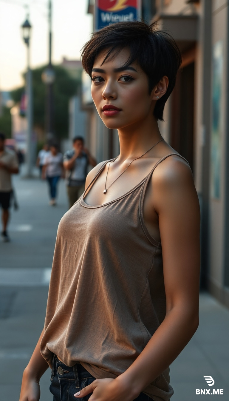 beautiful woman with short hair, c cup breasts size, wearing a oversized tank shirts, wearing converse,  street setting