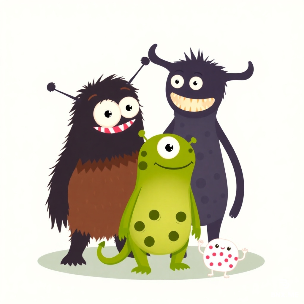 Illustration in flat design style of a diverse family of monsters. The group includes a furry brown monster, a sleek black monster with antennas, a spotted green monster, and a tiny polka-dotted monster, all interacting in a playful environment.