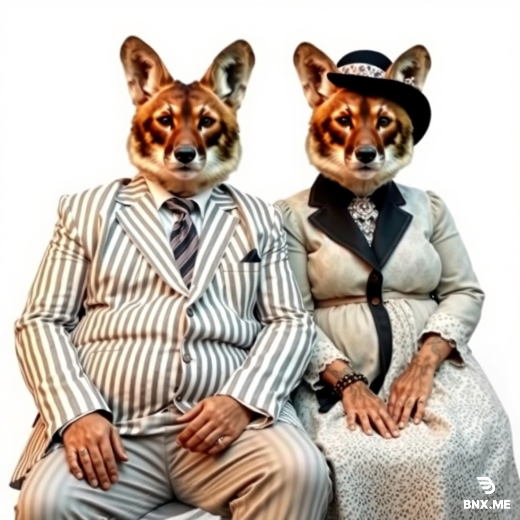 two jackals, one male, seated, weaing a smart and a pin-striped jacket, heother fmale, very much overweight, seated,with a bonnet and a lacey dress ress
