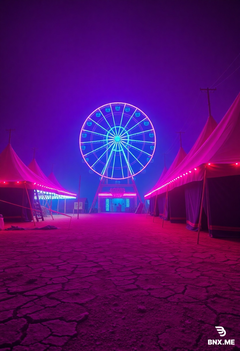 Wide establishing shot of a dusty 1930s traveling carnival at midnight, abandoned fairgrounds. Primary colors: blazing magenta and deep indigo dominate the scene. Secondary accents: glowing cyan neon lining the rides. A colossal Ferris wheel stands center-frame, its spokes burning magenta against an indigo void of a sky. Canvas circus tents glow from within with pulsating indigo light. The dry, cracked earth reflects the neon like a vaporwave mirror-floor. Retro synthwave aesthetic meets dust bowl gothic. Cinematic anamorphic shot, dramatic low-angle, heavy atmosphere, eerie stillness, nostalgic melancholy, hyper-detailed, volumetric fog, 8k, photorealistic --ar 2:3 --v 6.0
