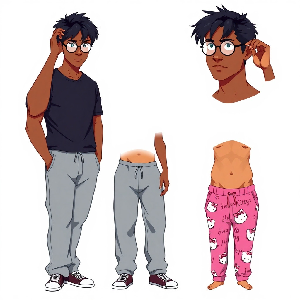 A vibrant flat digital art character design sheet on a clean white background, featuring 3 different poses of a tall, muscular, dark-skinned Harry Potter with messy jet-black hair and his signature round glasses (except where noted). Crisp bold outlines, solid cel-shaded coloring, bright saturated palette, digital illustration style like drawn in a painting app — no watercolor, no painterly blur, no realism, clean comic/anime style with clear contours.  Top right corner: a close-up bust portrait, Harry is sleepy and scratching the top of his head with one hand, no glasses, wearing a casual t-shirt, flat colors with simple soft shadows.  Middle section: full-body standing pose, wearing baggy grey sweatpants and a tight black fitted t-shirt that hugs his muscular abs and athletic upper body, confident stance, defined six-pack visible.  Bottom section: full-body standing pose, wearing only pink sweatpants with cute Hello Kitty prints, shirtless, showing his ripped muscular torso, slightly embarrassed or playful expression.  All three views neatly arranged in a vertical composition on one sheet, bold black lineart, flat vibrant colors, anime-inspired digital painting, clean and sharp, high quality illustration.