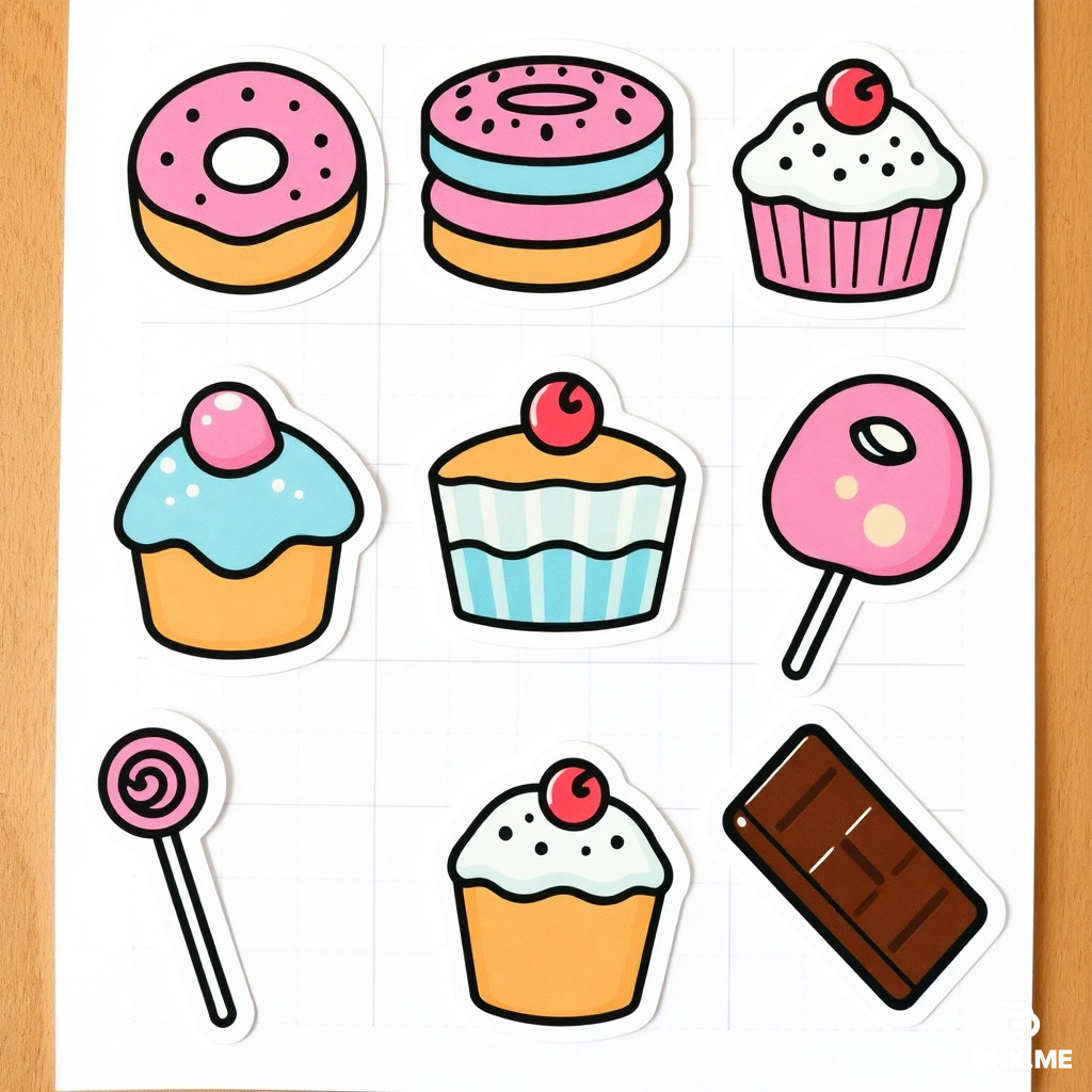 "A sticker sheet containing 9 different cute kawaii dessert stickers (donut, macaron, ice cream, cake, cupcake, pudding, lollipop, candy, and chocolate bar). Each sticker has a bold black outline, flat vector art style, vibrant pastel colors, transparent background, arranged neatly on a white grid sheet, high quality 4k, printable, die-cut style."