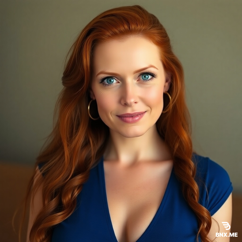 41 year old woman with long red hair blue eyes and large bust