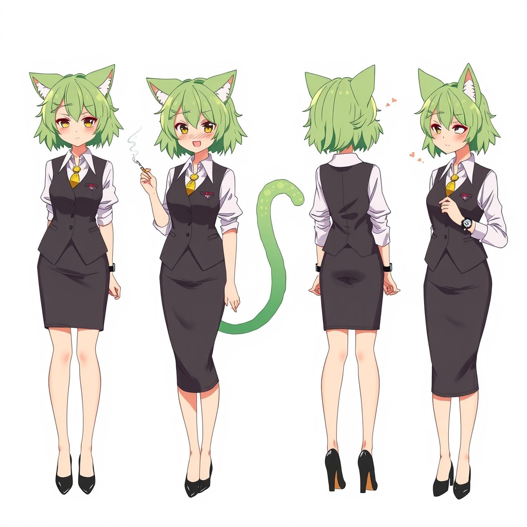 anime character sheet, full body, front view, back view, side view, female office worker, light green messy medium hair, large ahoge, green cat ears, fluffy green cat tail, brown sleepy eyes, mole under left eye, catlike smile, white dress shirt, dark grey vest, dark grey pencil skirt, black heels, thin cigarette in hand, fish pendant necklace, wristwatch, expression sheet, white background, high quality, detailed --ar 3:4