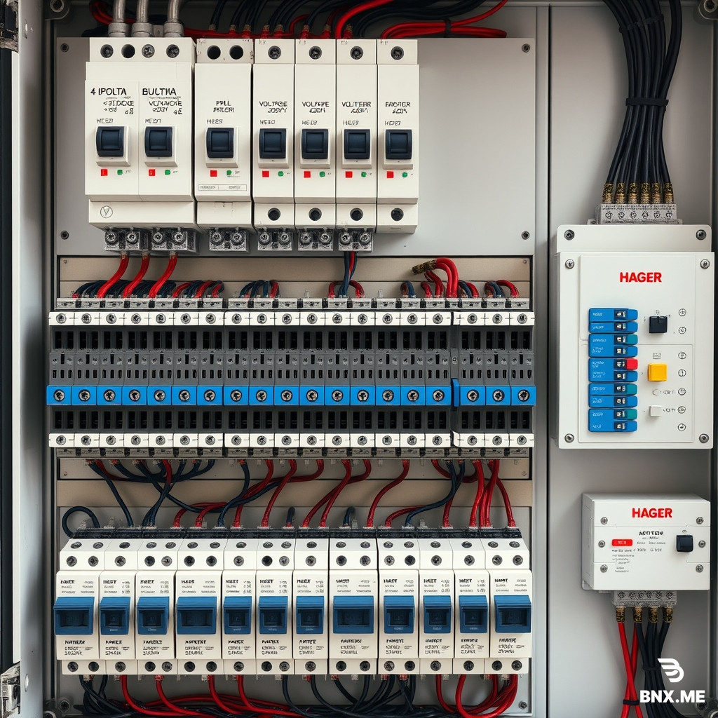 Photorealistic electrical panel Hager Volta, 5 rows of 12 modules. Top row: 4-pole main breaker, 3-phase voltage relay ZUBR, 3-pole contactor, cross-module (8 modules). Three bottom rows filled with Hager single-phase breakers. Blue 3-phase comb busbar connects the BOTTOM terminals of breakers. A second smaller Hager panel is mounted on the right side. Neat wiring, cable ties, professional installation, high resolution.
