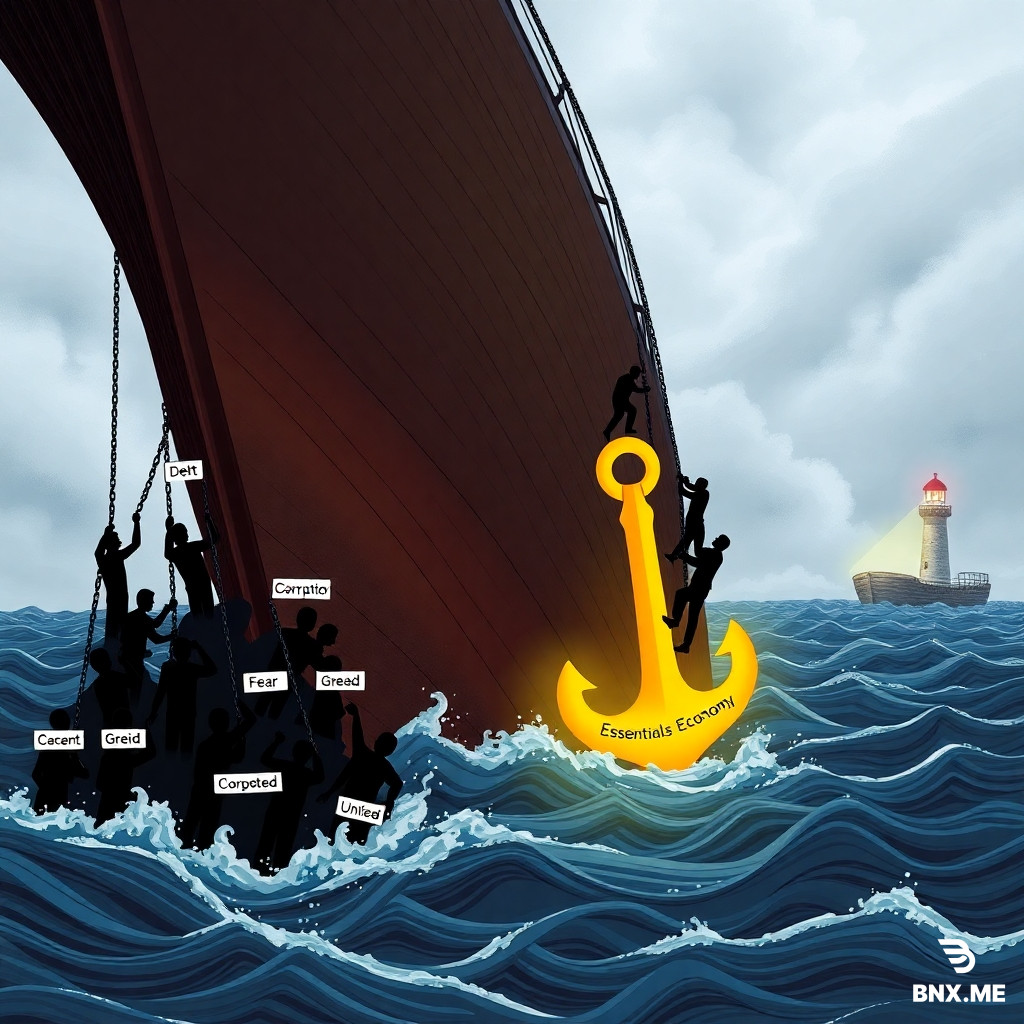 A symbolic illustration of a large ship tilting heavily to one side. On the lower, sinking side, dark figures are being pulled down by chains labeled "Debt," "Fear," "Corruption," and "Greed." On the higher side, people are helping each other climb up, holding onto a glowing, golden anchor labeled "Unity" and "Essentials Economy." The scene is set against a backdrop of a stormy sea, with a bright lighthouse on the horizon. The image conveys hope and the power of collective action.