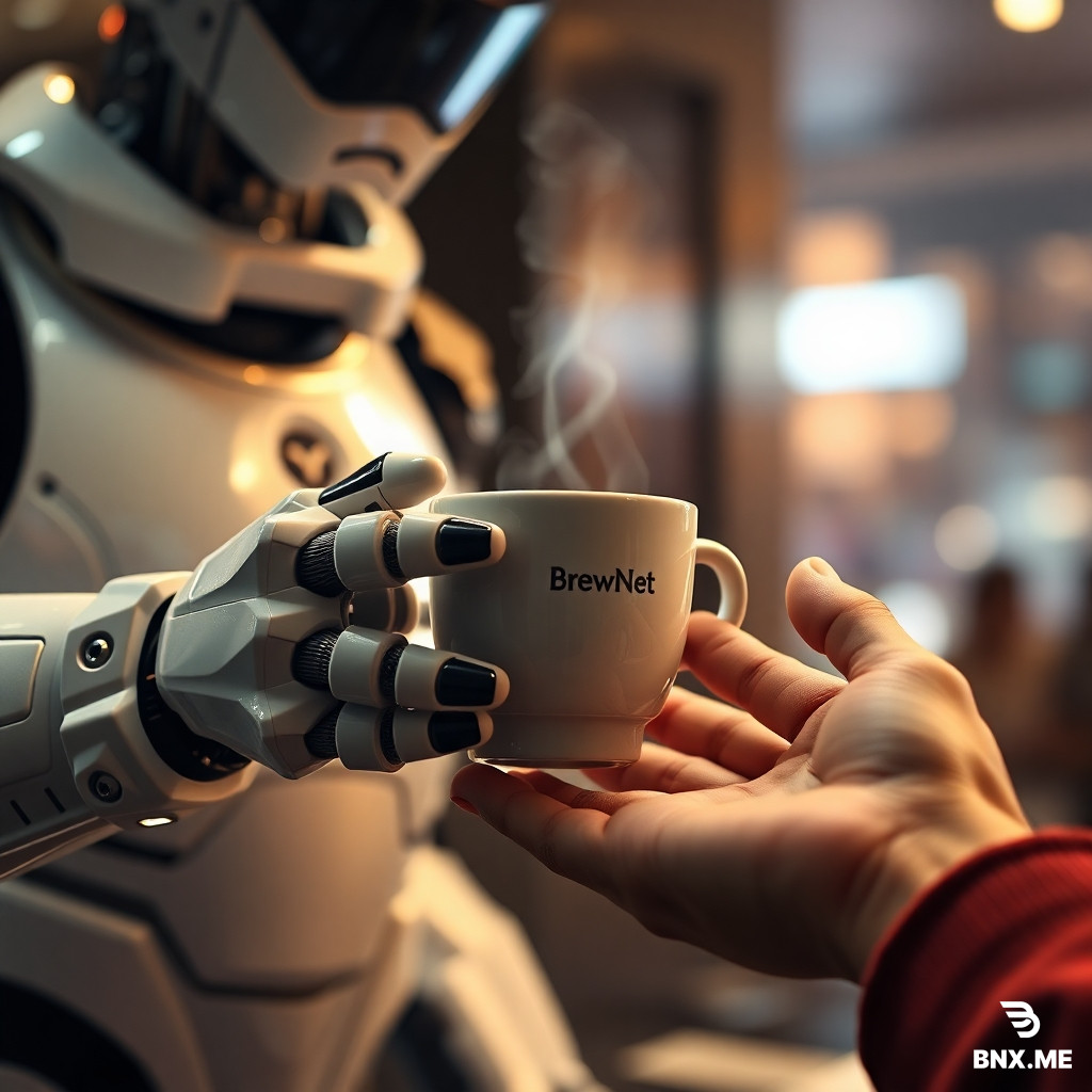 A cinematic, hyper-detailed poster of a futuristic robot barista handing a steaming ceramic cup of coffee to a human customer — extreme close-up on both sets of hands and fingers, showing mechanical articulation and soft, realistic human skin. The robot has a small logo on its chest that reads “BrewNet” in clean sans-serif, warm cinematic rim lighting, shallow depth of field, 8k detail, photorealistic, subtle film grain. Emphasize realistic fingers and correct anatomy, no extra or missing digits, no floating limbs. Include a faint cityscape bokeh in the background.