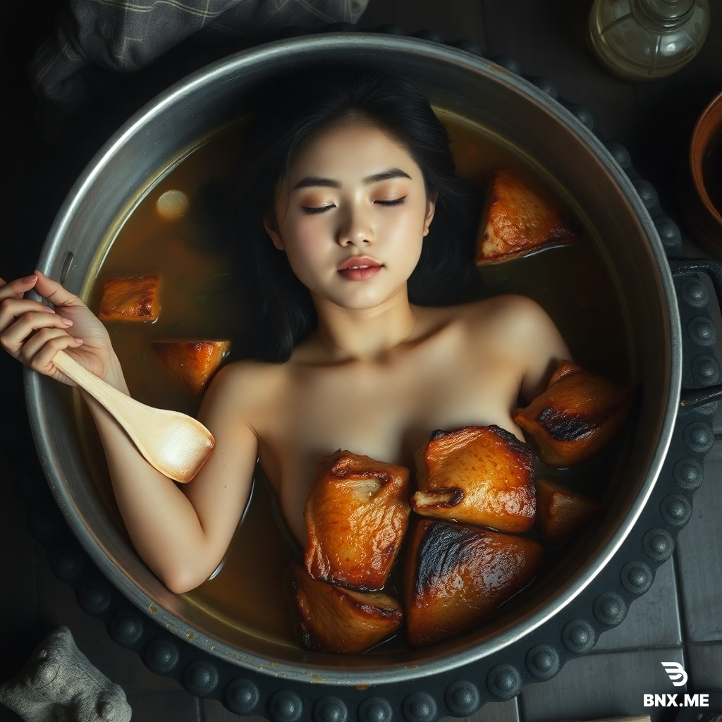 A beautiful high school Eastern Asian maiden lying in a big soup pot,whose body cut into roasted pieses,eyes closed,as real as photo,full of reality