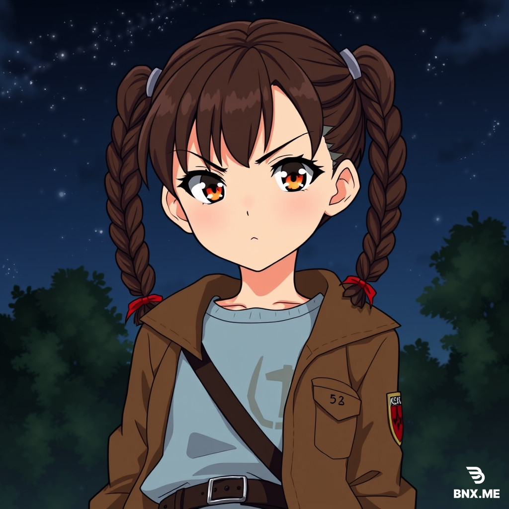 A young girl (shingeki no kyojin artstyle) with light skin and slim build, two dark brown braids with slight cherry shade, amber eyes, thigh strap, belt, uniform, survey corps (emblem), light blue T-shirt underneath a brown jacket, background of the night sky, trees, stern, determined look