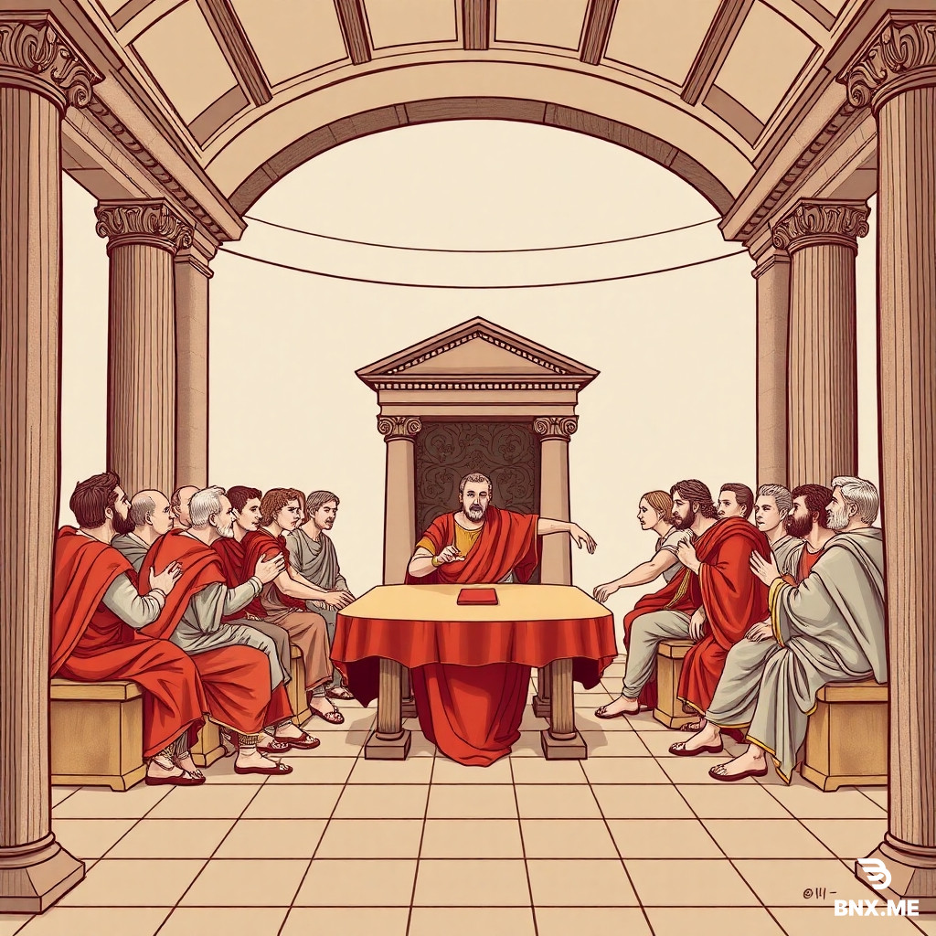 Renaissance-style illustration of a Roman Senate meeting