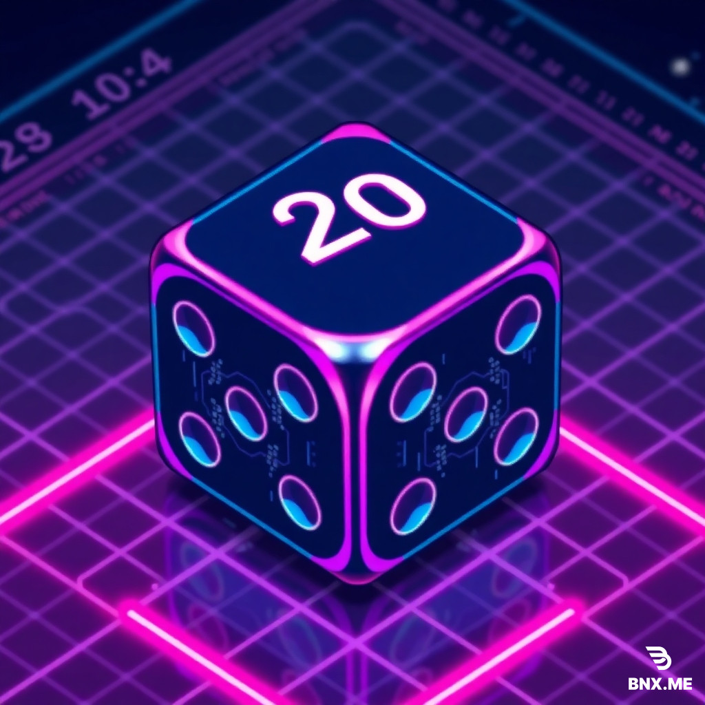 Pixel art, retro video game style, isometric view of a single 20-sided dice (D20), the number "20" is clearly visible on the top face, sharp pixel edges, crisp outlines, no blur, cyberpunk aesthetic, neon glowing edges, dark blue and purple color scheme, magenta neon lights, circuit board patterns on the dice faces, futuristic grid background, 8-bit computer graphics, high contrast, detailed pixel shading, vibrant, game HUD overlay, perfect composition, centered.