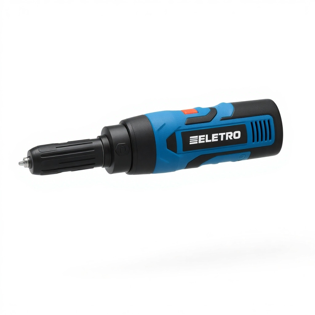 Professional product photography of a cordless electric screwdriver, blue and black color scheme, with a prominent sticker that reads "ELECTRO" on the body, studio lighting, isolated on a clean white background, high detail, sharp focus, commercial catalog style, 8K resolution, no shadows