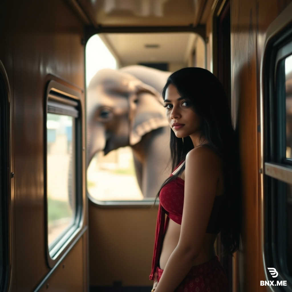 "A hot young Indian woman standing inside a train compartment. Behind her, a real elephant just standing still, doing nothing. Realistic style, natural lighting, Indian train setting."