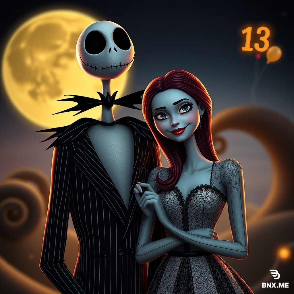 Use the uploaded couple photo as the reference image. Create a stylized, romantic portrait inspired by Jack Skellington and Sally from The Nightmare Before Christmas, while keeping the couple clearly recognizable. Transform the man into a Jack-inspired character with a tall, elegant, spooky-charming look, subtle stitched or skeleton-inspired design details, and a black pinstripe suit. Transform the woman into a Sally-inspired character with patchwork-style dress details, soft stitched design elements, and whimsical gothic elegance. Keep both faces recognizable, warm, and smiling.      Scene: celebrate their 13th wedding anniversary. Add a magical, moonlit, Tim Burton-inspired atmosphere with dreamy lighting, a slightly gothic but loving mood, curling hills or whimsical spooky background elements, and tasteful anniversary decorations. Incorporate the number 13 in an elegant celebratory way, such as balloons, a sign, or glowing decorative elements. Preserve the affectionate, joyful feeling of the original photo.      Style: cinematic, highly detailed, romantic gothic fantasy, whimsical, elegant, emotional, polished character illustration.      Important: do not make it scary or disturbing; keep it sweet, celebratory, and beautiful.