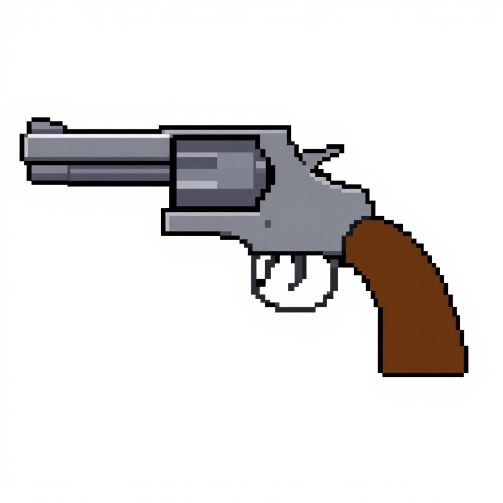 Revolver: *"8-bit NES pixel art, 16x16 pixels, a simple gray revolver with a brown grip. Side view. Only 3 colors: gray, brown, and black outline. Transparent background. Blocky barrel and cylinder."*