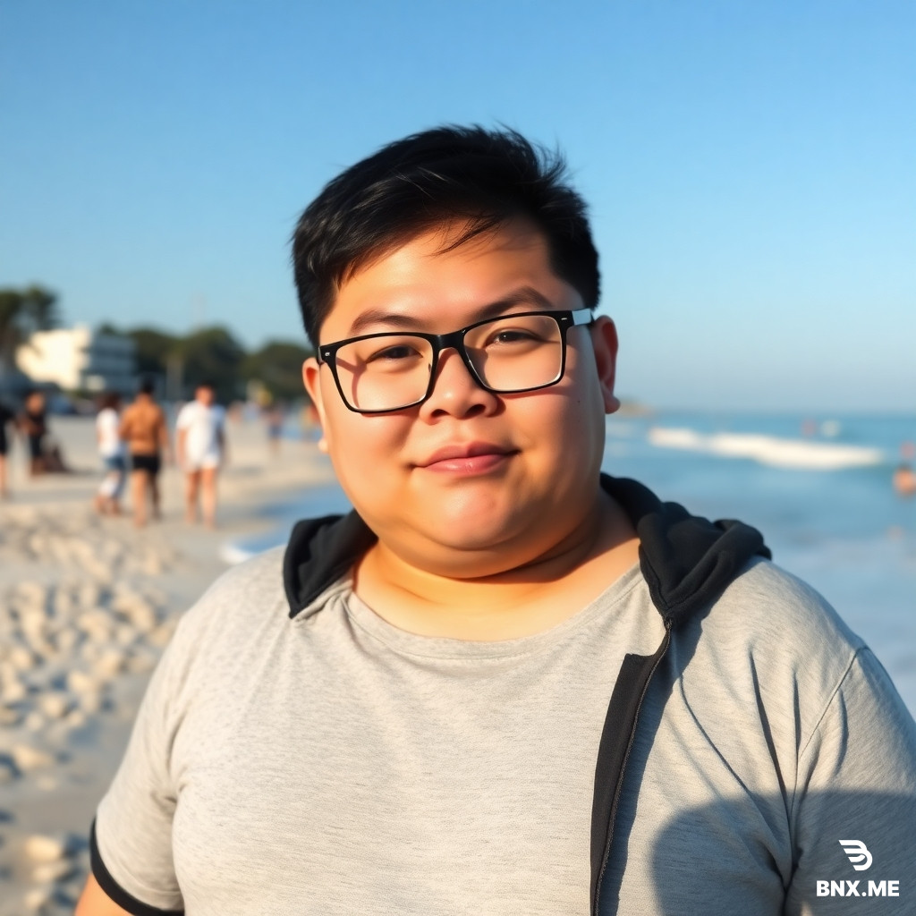 Asian chubby guy with glasses. 18 years old. At a beach.