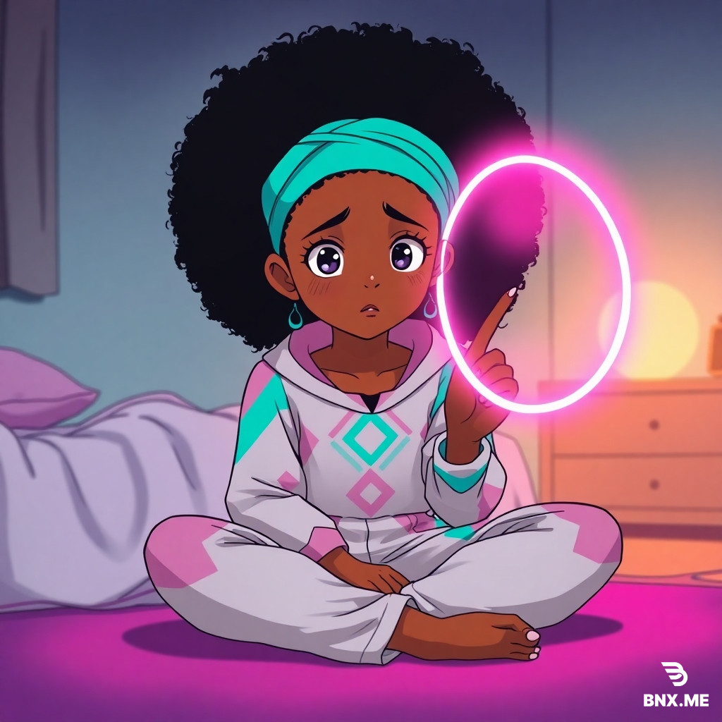 (masterpiece, best quality), 1girl, young teen, brown skin, large fluffy afro hair, turquoise headband, wearing loose futuristic jumpsuit, pink and turquoise and white geometric patterns, bright pink magical glow, sitting cross-legged on bedroom floor at night, drawing glowing pink magic circle with finger, kind expression, worried eyes, warm lighting, soft pastel colors, dreamlike atmosphere, anime art style, Studio Ghibli aesthetic, children's book illustration style