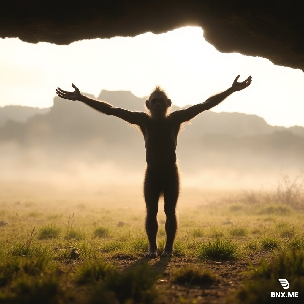 · Image Prompt: "Prehistoric hominid standing up and stretching arms outside a cave, morning mist on the grassland."