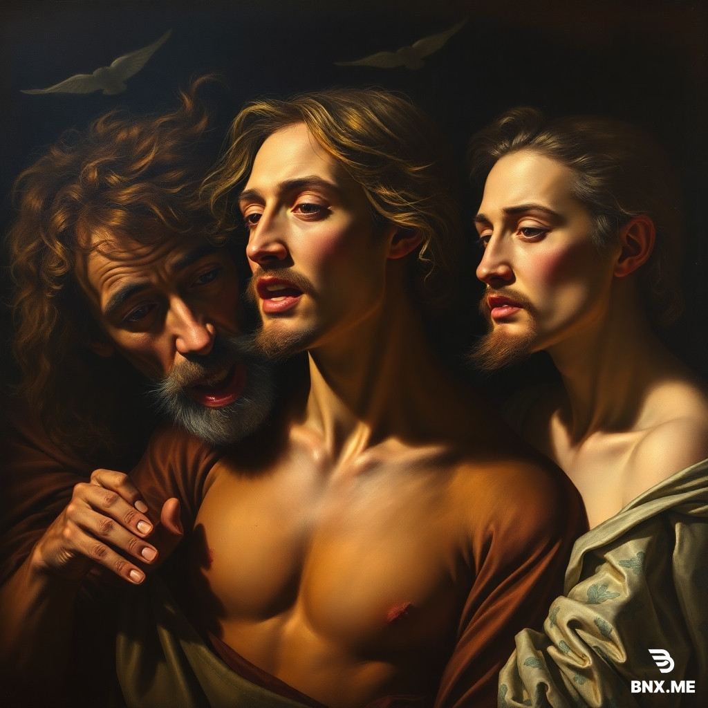Baroque dramatic painting, strong contrast, deep shadows, golden highlights, emotional expressions, dynamic composition, rich textures, inspired by Caravaggio