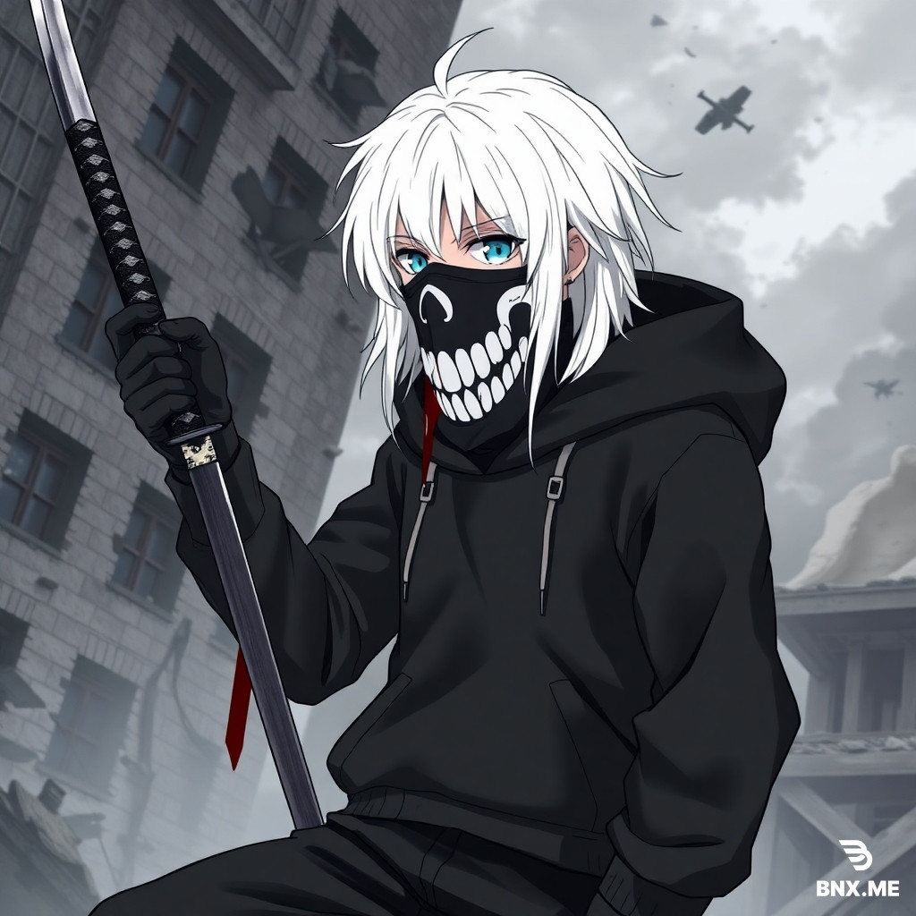 A highly detailed anime-style illustration of a boy with white hair, wearing a black hoodie (hood down, not on his head), black pants, black sneakers, and black gloves. He has a black cloth mask with white skeleton teeth painted on it. In his right hand, he holds a samurai sword dripping with blood. The background shows an exploded building. Extremely high detail, anime art style.
