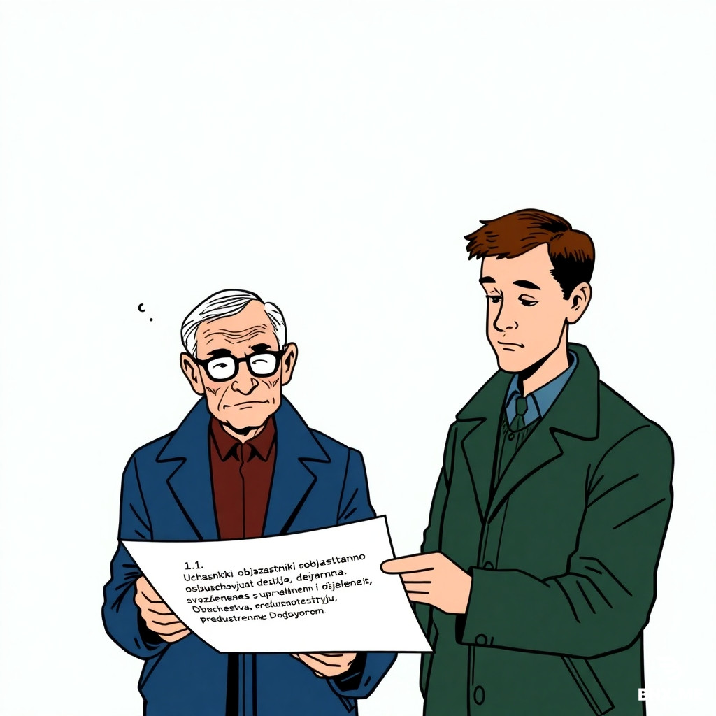 Colorful european comic book style, ligne claire, clear black ink outlines, flat colors. Medium shot: elderly Sidorov (dark blue jacket) and young Petrov (dark green jacket) looking down at a contract. On contract visible black text: "1.1. Uchastniki objazujutsja soglasovanno osushchestvljat dejstvija, svjazannye s upravleniem Obshchestva i dejatelnostju Obshchestva, predusmotrennye Dogovorom." Empty white speech bubbles above their heads, completely empty. Background soft mint green.