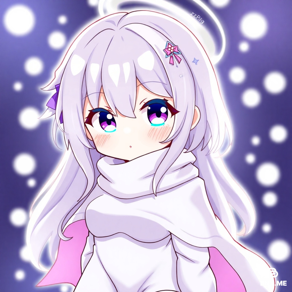 medium breasts, (curvy), cute, eyelashes,    zzPaimon, purple eyes, hair between eyes, hair ornament, halo, long hair, short hair, white hair,	long sleeves, dress, scarf, white dress, blue eyes, cape, thighhighs, single thighhigh, white thighhighs, upper body, looking at viewer, :3, outer space, night, eyeshadow, pink lips, blush, bokeh,