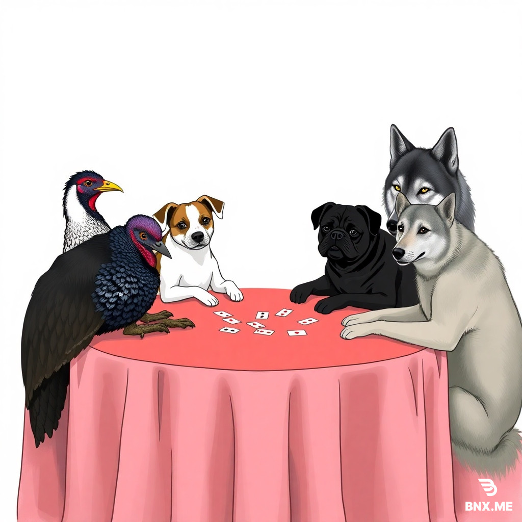 a partridge, a maltese dog, a jack russel dog, a pug dog, a male turkey , a female turkey, a male wolf and a female wolf seater round a table palying cards