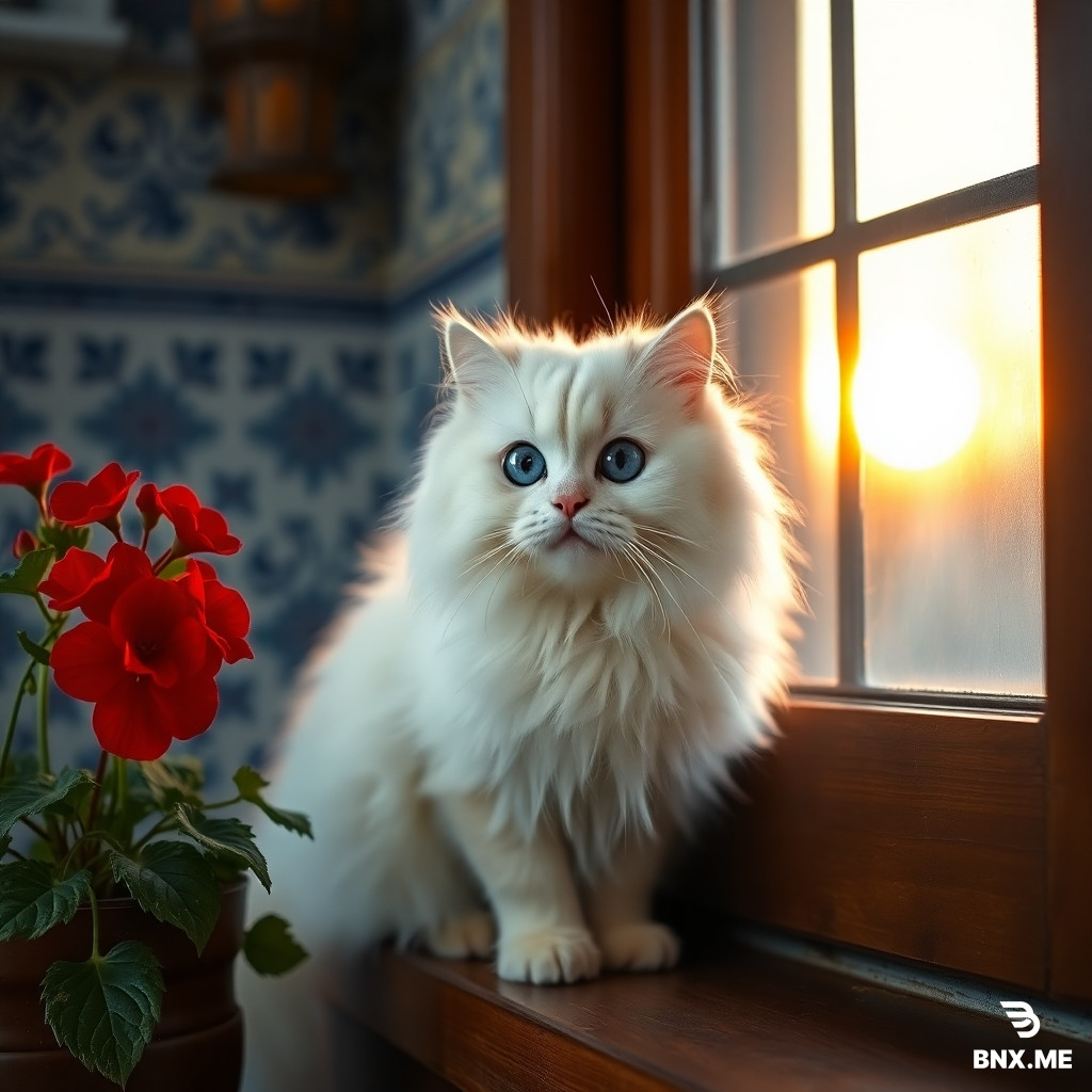 A beautiful white Persian cat with fluffy fur and big blue eyes, sitting on a wooden windowsill next to a red geranium flower pot, warm sunset light shining on its face from the window, traditional Iranian room with blue and white tilework in the background, photorealistic, cinematic lighting, high detail, 8k, soft focus.