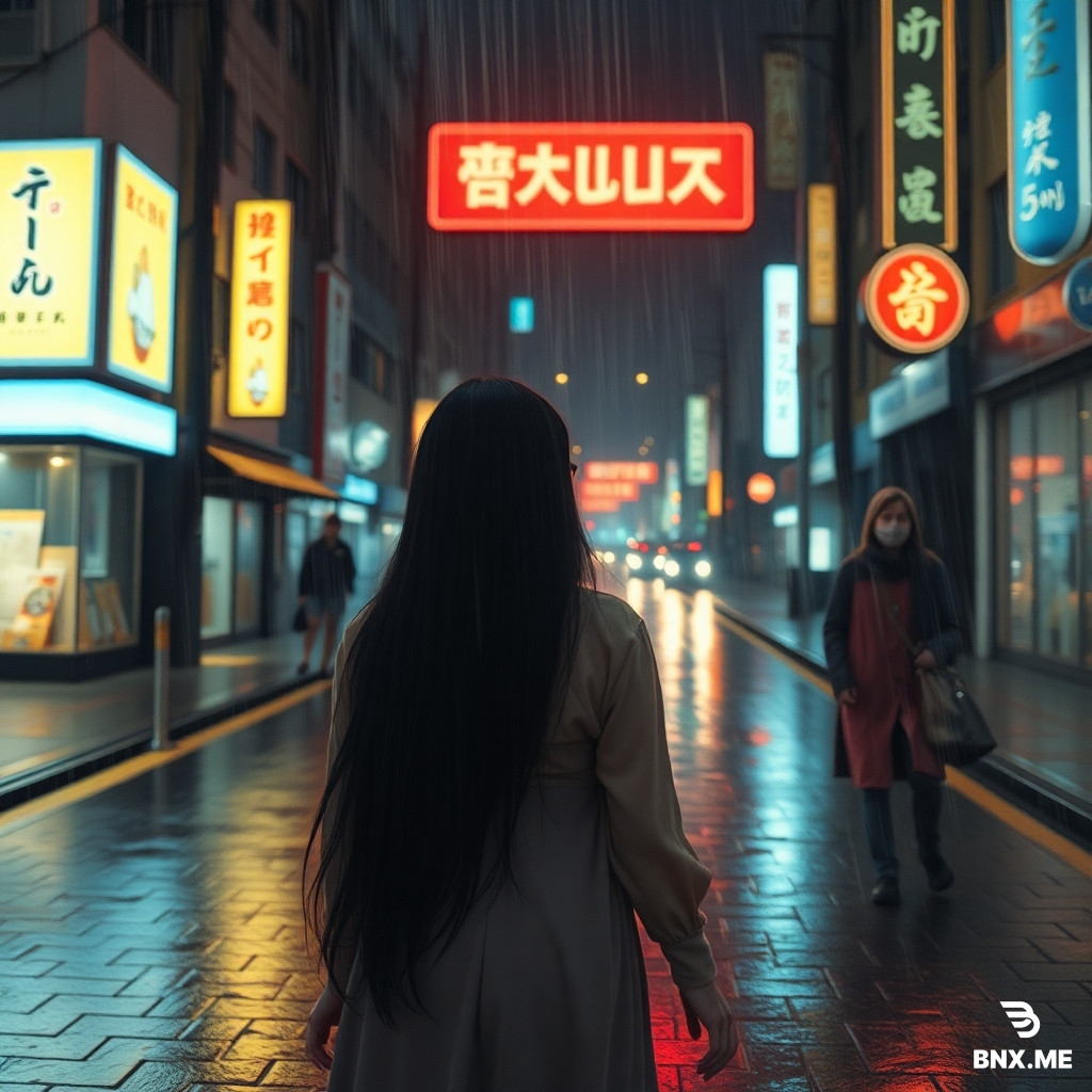 Flashback memory scene, heavy rain at night on an empty street, a beautiful woman with long black hair walking away into the distance without looking back, wet pavement reflecting neon signs, melancholic sepia and warm orange tone, motion blur effect, anime style, cinematic composition.